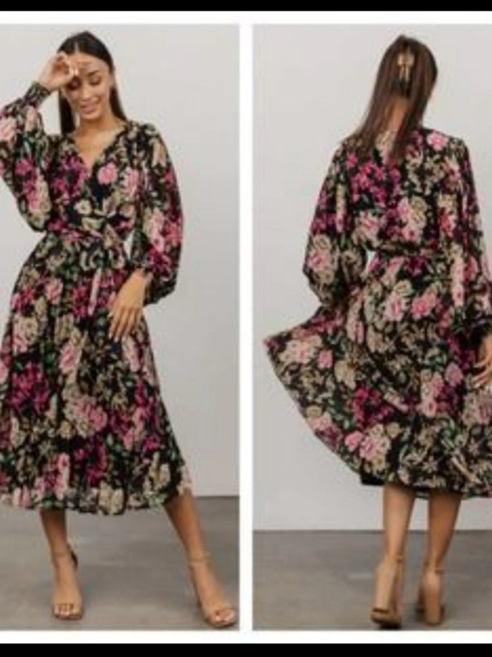 Baltic Born Black Midi Dress with Pink Floral Print